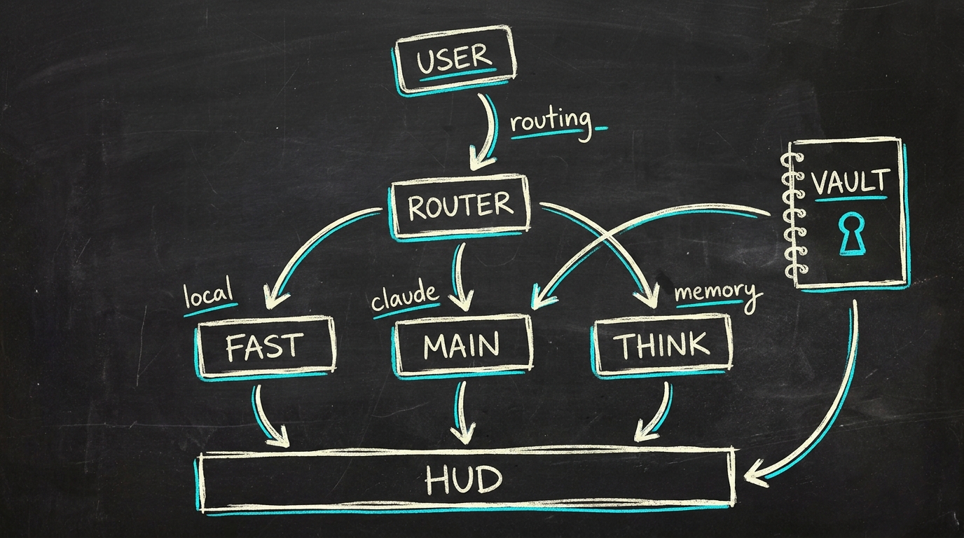Hand-getekende architectuur-schets van ECHO: USER → ROUTER vertakkend in FAST, MAIN en THINK brain-tiers, met een VAULT-notitieboek als geheugen, allemaal uitkomend op een HUD-dashboard.
