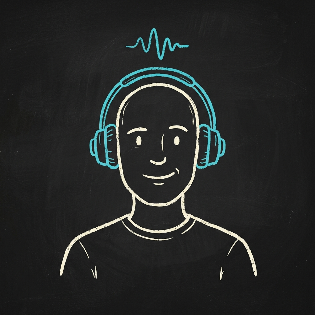 Hand-getekend chalk-portret van Nathan: kale buste met cyan headphones, vriendelijke smile, kleine waveform-doodle boven het hoofd.