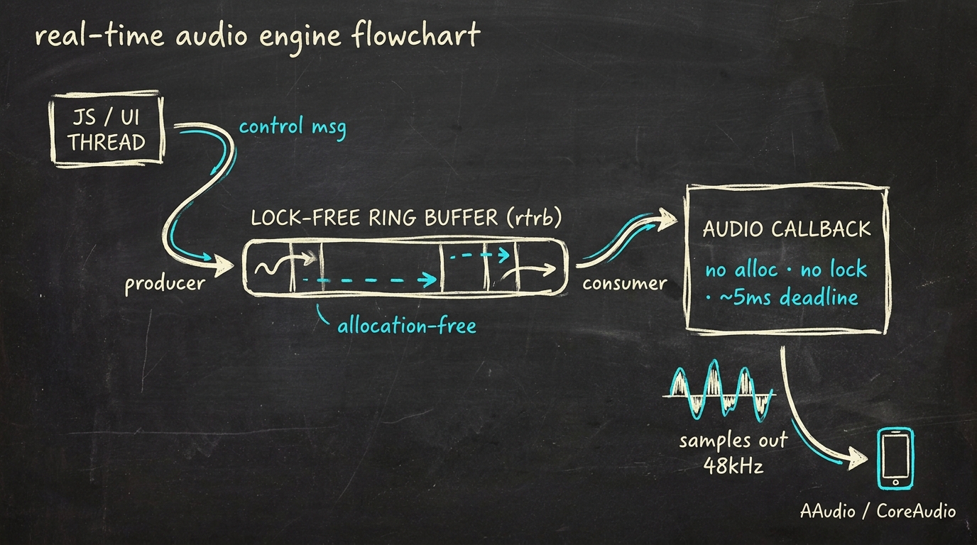 Hand-getekende schets van de audio engine: JS/UI thread stuurt control-msg via een lock-free ring buffer (rtrb) naar de audio callback, die allocation-free draait binnen de 5ms deadline en samples op 48kHz uit naar AAudio/CoreAudio.
