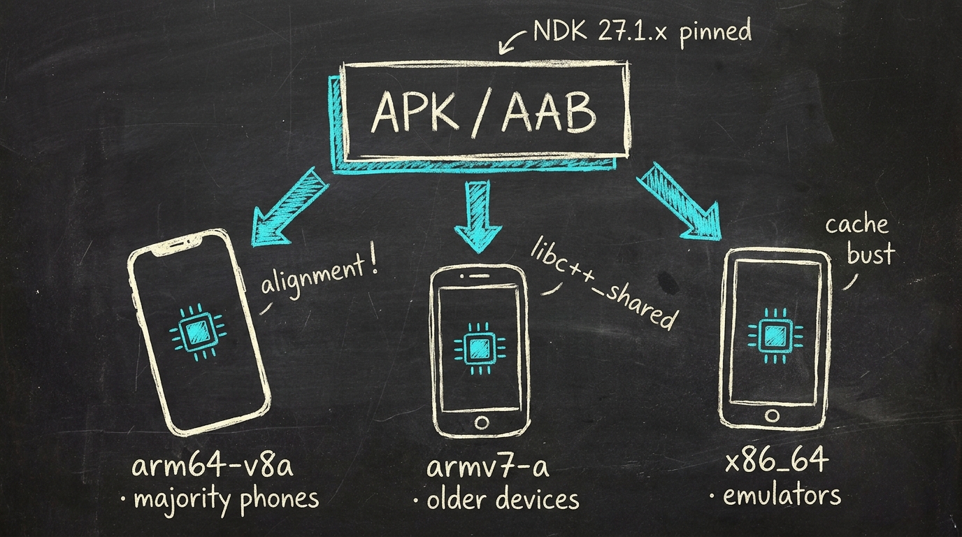 Hand-getekende schets: APK/AAB met "NDK 27.1.x pinned" bovenaan, splitst naar drie telefoons met cyan chip-icons (arm64-v8a, armv7-a, x86_64). Annotaties: alignment!, libc++_shared, cache bust.