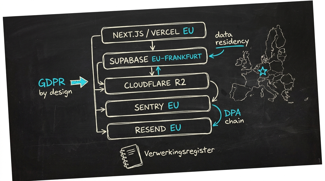 Hand-getekende schets: gestapelde EU-services (Next.js/Vercel EU, Supabase EU-Frankfurt, Cloudflare R2, Sentry EU, Resend EU) met EU-kaart aan de rechterkant en een ster op Frankfurt. Annotaties: data residency, DPA chain, GDPR by design, Verwerkingsregister.
