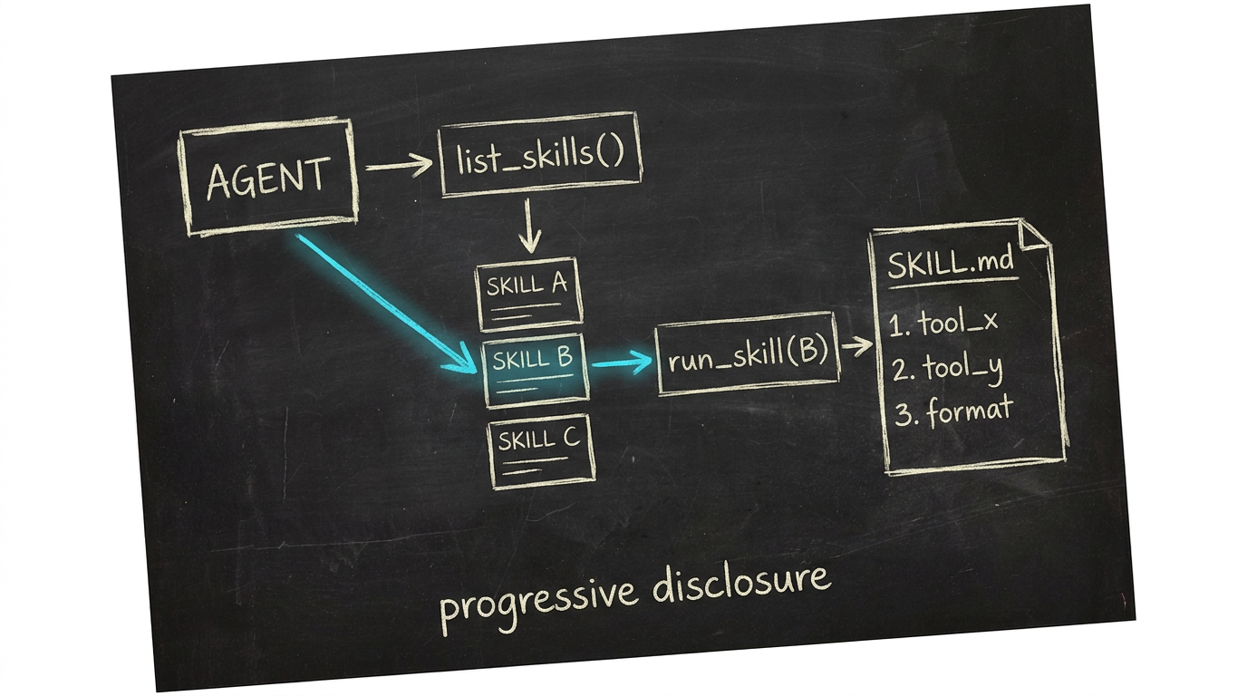 Hand-getekende schets: agent roept list_skills() aan, krijgt drie metadata-cards (Skill A/B/C) terug, kiest er één, roept run_skill(B) aan en krijgt de volledige SKILL.md body met stappen. Onderschrift: progressive disclosure.